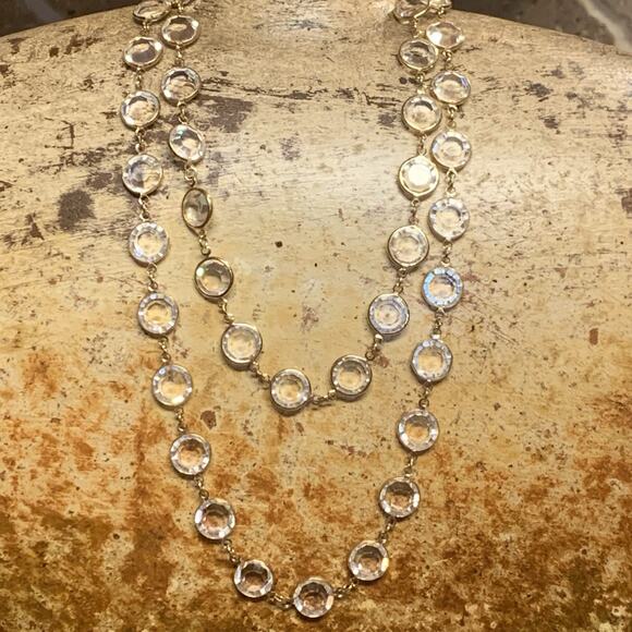 Gold Linked and Bezel Set Clear and Faceted Crystal Necklace 34 Inches Vintage - Picture 1 of 8